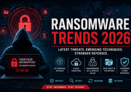 Ransomware Trends 2026 feature image showing AI-powered cyber attacks, encrypted files, hacker, cloud security, and ransomware protection concepts.