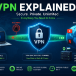 Illustration explaining how a VPN (Virtual Private Network) encrypts internet traffic, hides IP addresses, protects online privacy, and provides secure access to the internet.