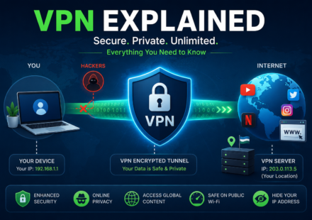 Illustration explaining how a VPN (Virtual Private Network) encrypts internet traffic, hides IP addresses, protects online privacy, and provides secure access to the internet.