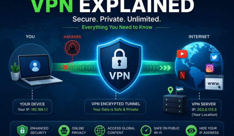 Illustration explaining how a VPN (Virtual Private Network) encrypts internet traffic, hides IP addresses, protects online privacy, and provides secure access to the internet.