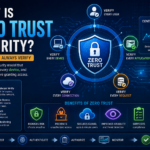 Zero Trust Security infographic illustrating the Never Trust, Always Verify model with identity verification, multi-factor authentication, device security, continuous monitoring, least privilege access, and Zero Trust architecture.