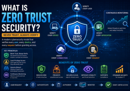 Zero Trust Security infographic illustrating the Never Trust, Always Verify model with identity verification, multi-factor authentication, device security, continuous monitoring, least privilege access, and Zero Trust architecture.