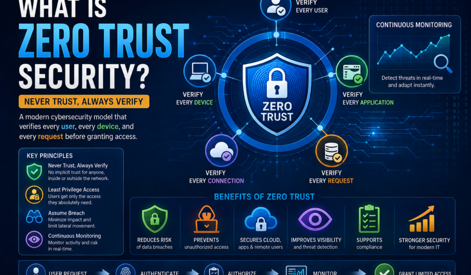 Zero Trust Security infographic illustrating the Never Trust, Always Verify model with identity verification, multi-factor authentication, device security, continuous monitoring, least privilege access, and Zero Trust architecture.